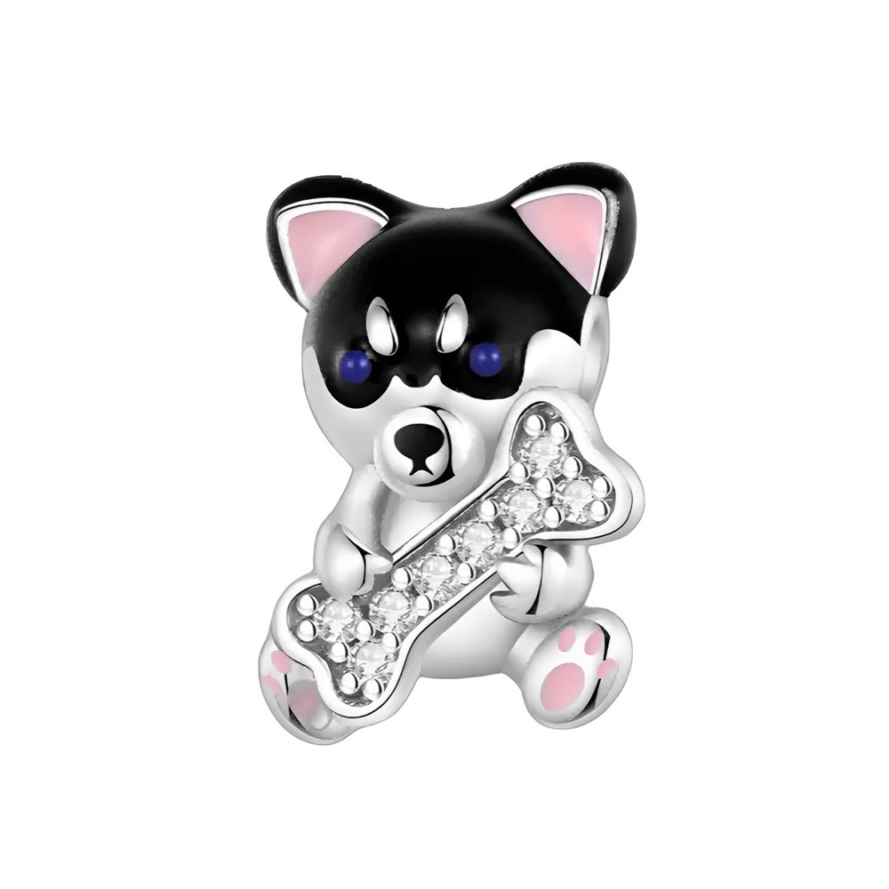 Husky Dog with Bone Charm 925 sterling silver